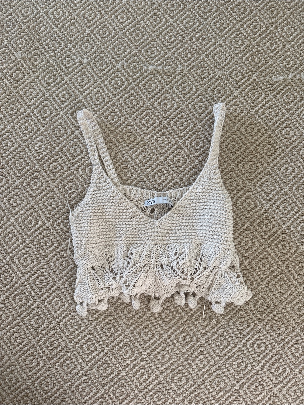 Zara Cream Crochet Crop Tank with Scalloped Hem